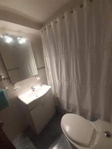 a bathroom with a toilet and a sink and a mirror at Apartamento San Martin in Viña del Mar