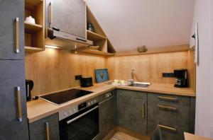 a small kitchen with a sink and a stove at Komfort-Fewo Schöner Platz am Rathaus in Willingen