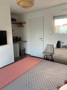 Schlafzimmer mit einem Bett, einem TV und einer Tür in der Unterkunft Les Chambres de Lily 1 in Lorgies