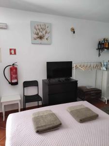 a bedroom with a bed and a flat screen tv at Di&Ana I - Alojamento Vila Viçosa in Vila Viçosa