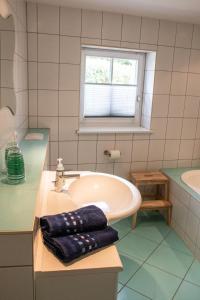 a bathroom with a sink and a mirror at Umgebindehaus an der Mandau in Großschönau +34 photos