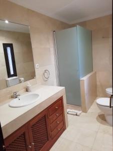 a bathroom with a sink and a shower and a toilet at Estupenda Villa con piscina a 5 minutos del centro de Granada in Granada