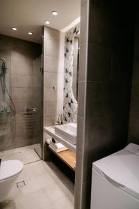 a bathroom with a shower and a sink and a toilet at Magico Suites City Heart Luxury Appartments in Alexandroupoli