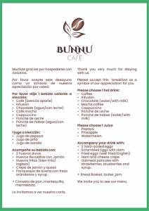 a menu of the burnu cafe at Eco Bunnu Inn in Cusco