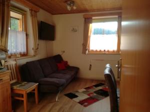 sala de estar con sofá y ventana en Bergblick, en Sirnitz
