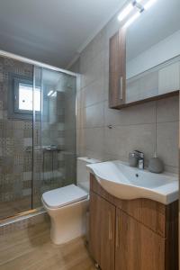 a bathroom with a sink and a toilet and a shower at OLYMPIA ROOMS in Myrina