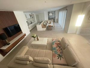 Il comprend un grand salon avec un canapé et une télévision. dans l'établissement Paphos luxury contemporary villa, à Paphos
