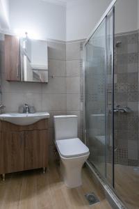 a bathroom with a toilet and a shower and a sink at OLYMPIA ROOMS in Myrina