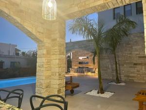 Cette maison dispose d'une terrasse avec un palmier et d'une piscine. dans l'établissement Paphos luxury contemporary villa, à Paphos