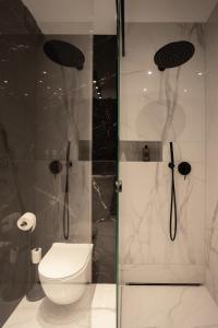 La salle de bains est pourvue de toilettes et d'une douche en verre. dans l'établissement Apartament Zwirki, à Toruń
