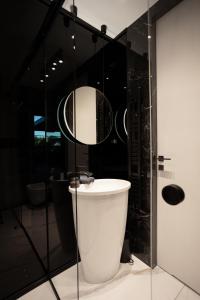 La salle de bains est pourvue de toilettes blanches et d'un miroir. dans l'établissement Apartament Zwirki, à Toruń