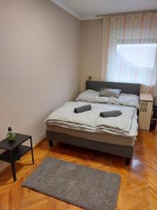 a bedroom with a bed and a window and a rug at Cinke Üdülőház in Tiszakécske +8 photos