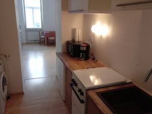 uma cozinha com uma bancada e um fogão forno superior em Vienna as it's best - Apartment "Egon Schiele" em Viena