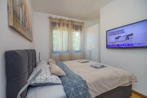 een slaapkamer met een bed en een flatscreen-tv bij Vila Pekovic Blue-Apartman PAMA in Zlatibor
