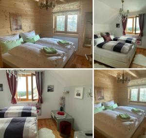 four different pictures of a bedroom with two beds at Chalet Die Berghexn in Klippitztorl +61 photos