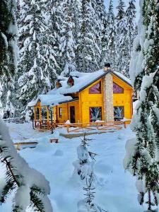 a cabin in the snow with snow covered trees at Villat Shkreli Relax in Peje