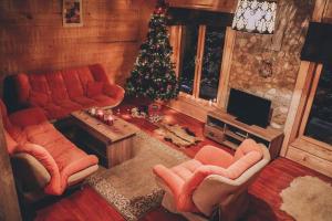 a living room with a christmas tree and a couch at Villat Shkreli Relax in Peje