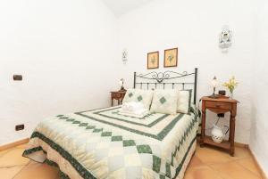 ein Schlafzimmer mit einem Bett mit einer grünen und weißen Decke in der Unterkunft Casa Rural La Capellania in Granadilla de Abona