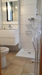 W łazience znajduje się prysznic, umywalka i toaleta. w obiekcie Une chambre dans la résidence proche de plage, commerces et centre ville w Calvi