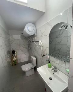 a bathroom with a sink and a toilet and a mirror at Skrapari Studio Apartment in Çorovodë