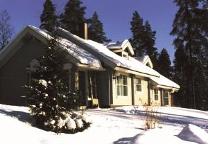 a house with a christmas tree in the snow at Keurusharju Apartments in Keuruu