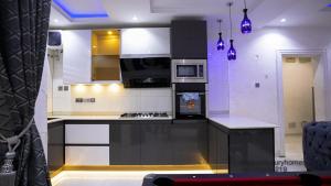 kuchnia z czarno-białymi urządzeniami i fioletowymi światłami w obiekcie Gillant Luxury Homes w mieście Benin
