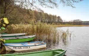 trzy łodzie siedzące na brzegu jeziora w obiekcie Cozy Home In Drzonowo With Sauna w mieście Schönau +12 zdjęć