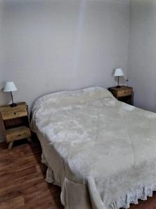 ein Schlafzimmer mit einem weißen Bett und zwei Nachttischen mit Lampen in der Unterkunft Inmuebles V&S in Río Gallegos