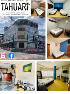 un collage de photos d'une chambre d'hôtel dans l'établissement Alojamiento tahuari, à Iquitos