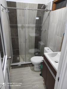 ein Bad mit einer Dusche, einem WC und einem Waschbecken in der Unterkunft Cabañas Mirador La Roca in Melgar