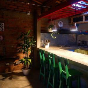 uma cozinha com um bar com cadeiras verdes e uma planta em Apartamento la 15 em Pereira