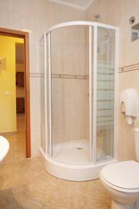a glass shower in a bathroom with a toilet at Apartments by the sea Rogoznica - 3265 in Rogoznica