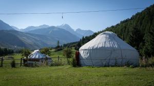 two tents in a field with mountains in the background at Karakol Yurt Village in Karakol