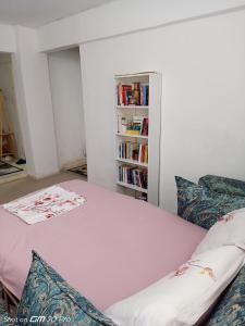 Bett in einem Zimmer mit Bücherregal in der Unterkunft A sweet house for families, in Üsküdar in Istanbul