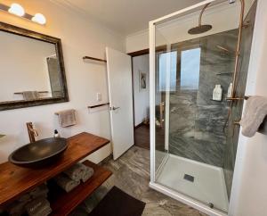 a bathroom with a sink and a shower at MenardsNZ Ecosanctuary Accommodation in Twizel