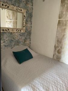 uma cama com uma almofada verde e um espelho em Appartement vue mer au Lavandou em Le Lavandou