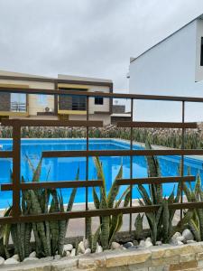 Blick auf den Pool von einem Haus mit Kaktus in der Unterkunft Villa en Salinas vía Punta Carnero in Salinas