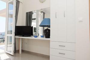 a room with a desk with a television and a mirror at Swiss Residence Montenegro in Herceg-Novi