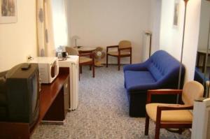 Hotel & Restaurant Raisch في Steinwenden: غرفة معيشة مع أريكة زرقاء وتلفزيون