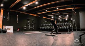 a gym with dumbbells and weights in a room at Schmolti's Chalet - Wellness über Graz in Zösenberg