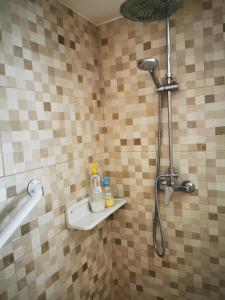 uma casa de banho com um chuveiro com um lavatório e uma cabeça de chuveiro em La Casa de los Pájaros em Vélez Blanco