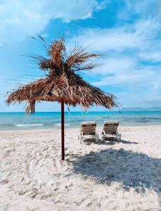 due sedie sotto un ombrellone di paglia su una spiaggia di Kosinmyheart Apartment 11 & Studio10 a Città di Kos