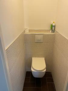uma pequena casa de banho com WC num quarto em azulejo em Bel appartement composé de deux chambres em Saint Etienne