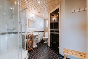 a bathroom with a shower and a sink and a toilet at Holmiranna Holiday Homes in Kungla +60 photos