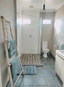 uma casa de banho com um chuveiro e um WC. em River Cabin em Roodepoort