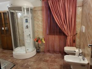 a bathroom with a shower and a toilet and a sink at Appartamento Gobi in Castel Condino +18 photos