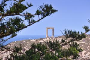 un monument au sommet d'une colline plantée d'arbres dans l'établissement Mariet Naxos Spa & Suites, à Naxos Chora