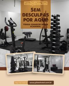a gym with several exercise bikes and a sign at Piloes Palace Hotel in Mineiros