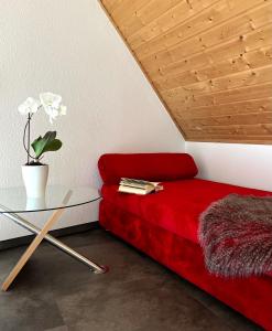 un sofá rojo con una mesa de cristal en una habitación en Anton-Ulrich Apartment, en Meiningen