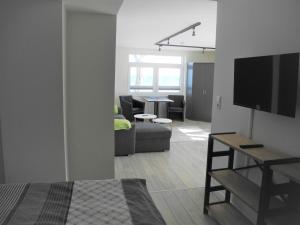 TV a/nebo společenská místnost v ubytování Strandappartement Steinberghaff "zur Birk" mit Meerblick